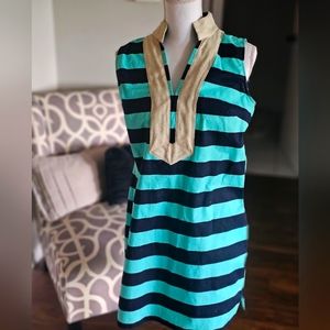 Sail to Sable Cabbage and Navy Striped Shift Dress Gold Neck